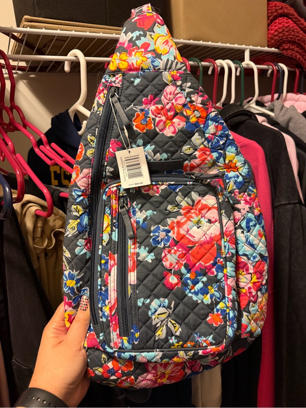 Vera Bradley Floral Sling Bag in Charcoal with Multicolor Blooms